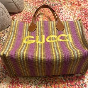 100% Authentic Gucci Striped Leather Trimmed Tote Bag
